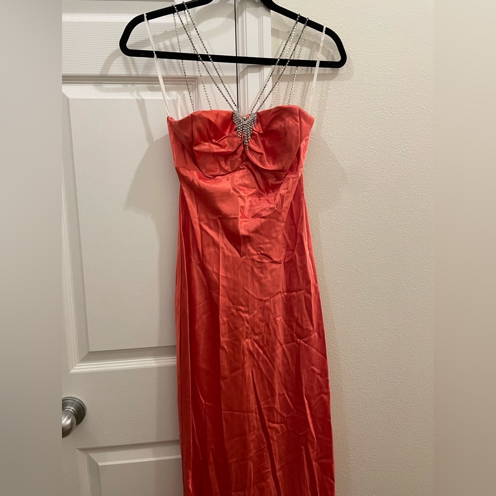 Coral floor length prom dress with Gem straps